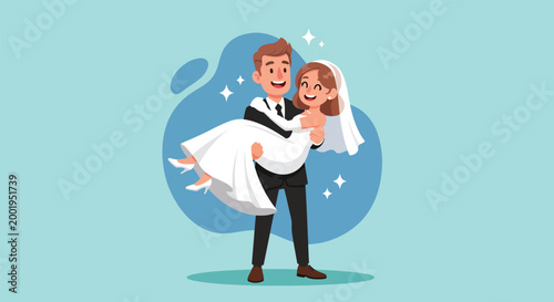 Happy Groom Carrying Bride in Arms on Wedding Day Celebration.