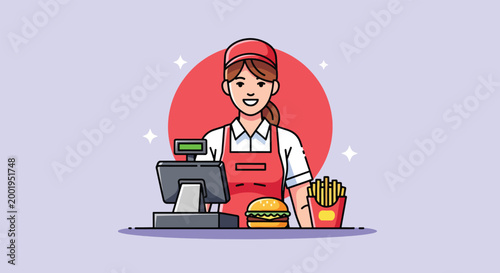 Happy female cashier serving burger and fries at fast food restaurant illustration.