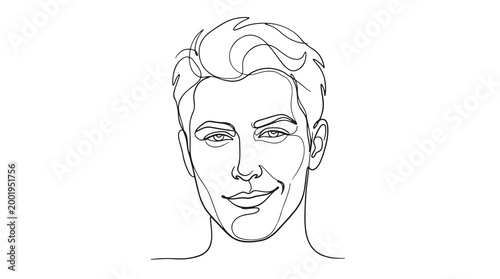 Line Art Portrait of a Smiling Man with Wavy Hair, a Minimalist and Modern Design