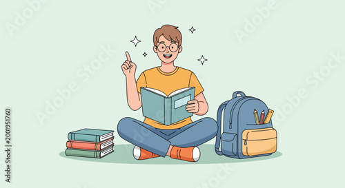 Happy student boy reading book and pointing finger up.