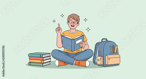 Happy young student boy sitting on floor reading book and having great idea for school project illustration.