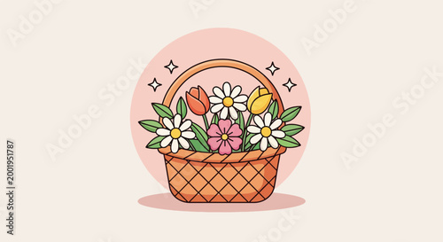 Illustration of a Woven Basket Filled with Colorful Spring Flowers.