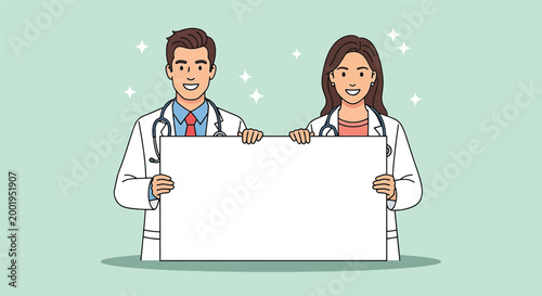 Male and female doctors in white coats holding a large blank banner for medical announcements.