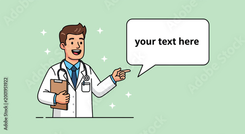 Male doctor character pointing to speech bubble with copy space for medical advice and healthcare tips.