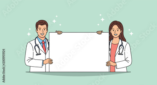 Male and female doctors holding blank whiteboard sign.