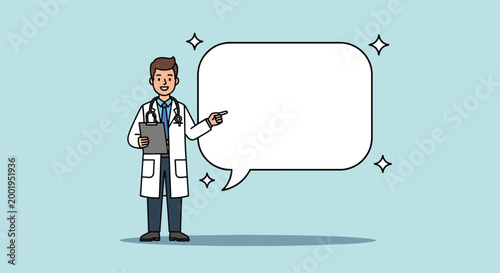 Male Doctor in White Coat Pointing to Empty Speech Bubble Illustration.