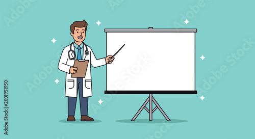 Male doctor in white coat giving a presentation with a blank projection screen.
