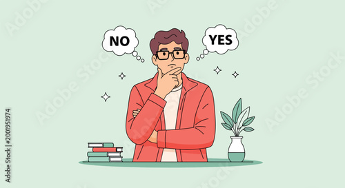 Man in red jacket thinking about making a choice between yes and no options.