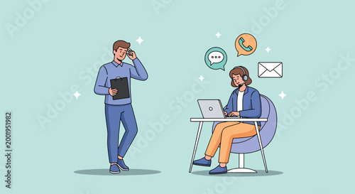 People Working and Communicating Remotely with Digital Devices and Technology Icons Illustration.