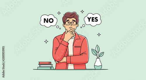 Pensive Man Considering Options with Yes and No Thought Bubbles Illustration.