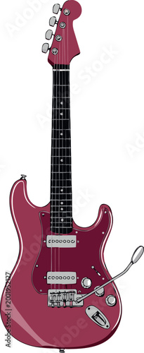 Hand drawn red electric guitar illustration isolated on white, rock and roll musical instrument vector