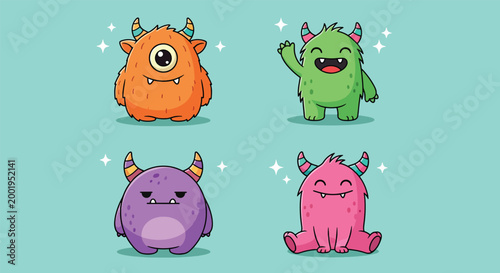 Set of Four Cute and Colorful Cartoon Monster Characters Illustration.