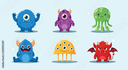 Set of six cute and colorful cartoon monsters characters for kids design.