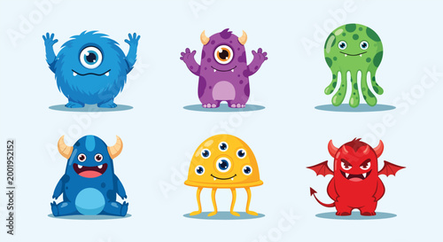 Set of six cute colorful cartoon monster characters.
