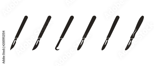 Surgical Scalpel Blade Icon Set, Medical Tools for Surgery and Dissection, Professional Clinical Instrument Collection, Sharp Steel Cutter Silhouettes for Healthcare, Laboratory and Biology Equipment.