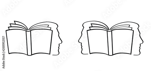 Cartoon open boCartoon open book with face and pages. Human, ducation concept. Line drawing. Opened books silhouette, sign. Book store logo. Flying pages. libok with face and pages. Education concept.