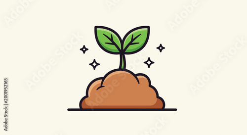 Small green sprout growing from soil in a minimalist flat design style.