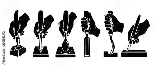 Woodworking Hand Tools Carving Set, Hand Holding Chisels and Gouges for Wood Craft, Icon Vector Illustration for Carpentry Projects, Manual Skill and Artistic Woodwork Design Elements on White Backgro