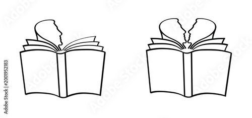 Cartoon open boCartoon open book with face and pages. Human, ducation concept. Line drawing. Opened books silhouette, sign. Book store logo. Flying pages. libok with face and pages. Education concept.