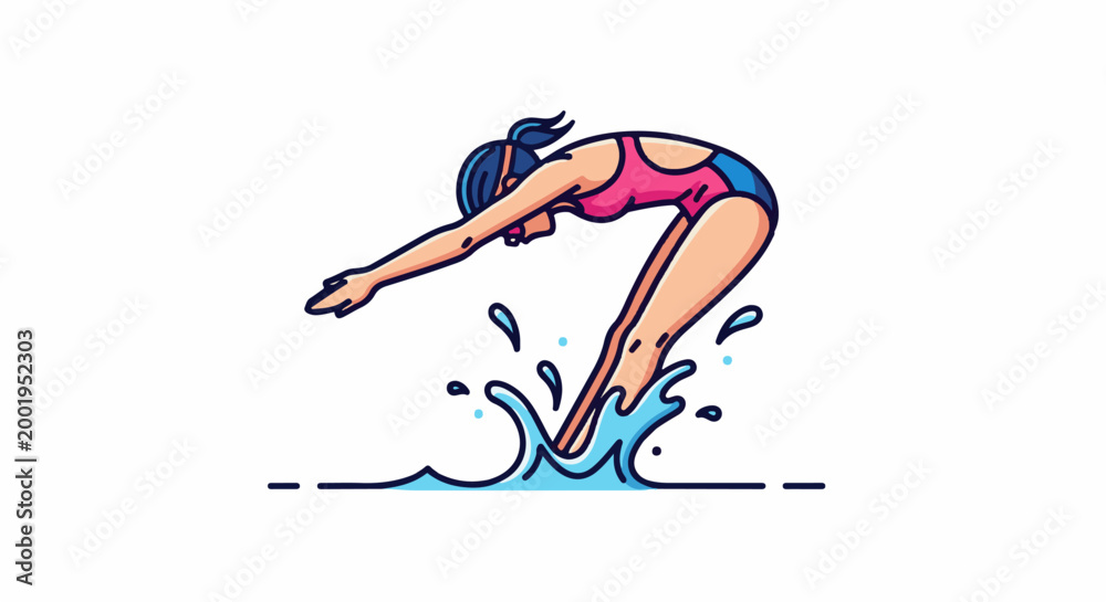 Fototapeta premium Stylized woman in a swimsuit dives into water, splashing dynamically