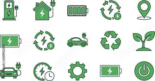 Green energy and electric vehicle icons set with battery charging renewable power eco technology symbols flat vector illustration isolated on white