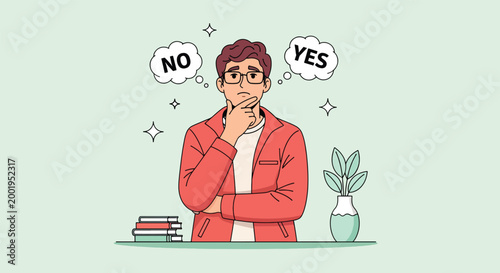 Young man making a decision with yes or no thoughts.
