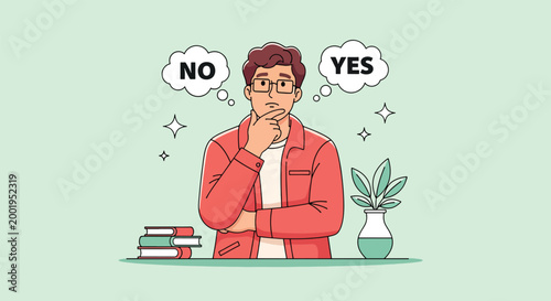 Young man in glasses making a difficult decision between yes and no options.