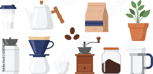 Coffee brewing equipment collection with grinder beans kettle dripper and french press barista tools set flat vector illustration isolated on white background