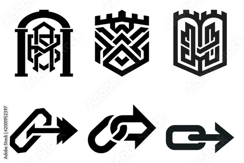 Abstract monogram crest and geometric badge icon set