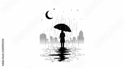 Lone figure stands under umbrella in rainy city with moon and stars