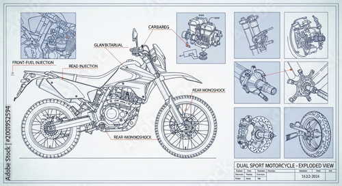 Detailed technical drawing of a motorcycle with component diagrams.