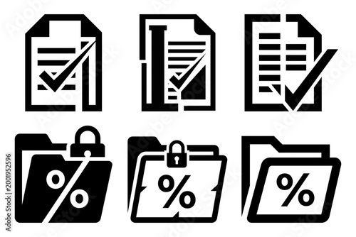 Tax folder percentage and finance document icon set