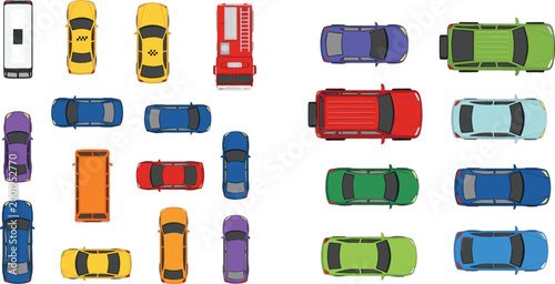 Top view cars collection with various vehicle types and colors transport set isolated on white background flat vector illustration bundle for design use