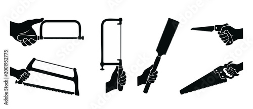 Hands holding various professional saws, hacksaws, and hand tools silhouette icon set for construction, carpentry, woodworking, home renovation, and industrial repair projects, isolated on white backg