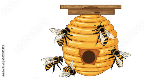 Bees on a honeycomb beehive illustration.