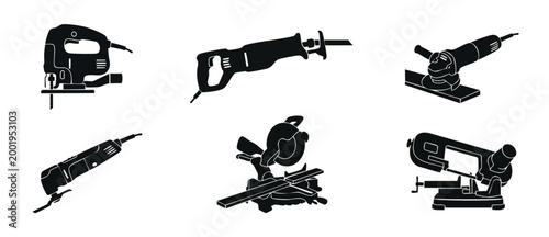 Power Tools Set Icon Silhouette Collection for Construction and Woodworking Projects, Featuring Jigsaw, Reciprocating Saw, Angle Grinder, Multi-Tool, Miter Saw, and Metal Band Saw Vector Illustrations