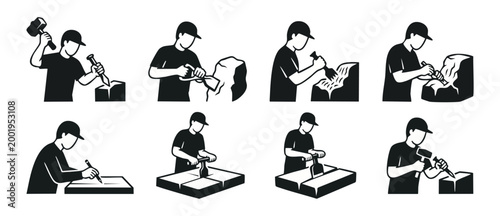 Stone Mason Sculpting Icons Set, Craftsman Working With Chisel and Hammer, Professional Granite Carving Process, Manual Labor Construction Skills, Minimalist Vector Illustration Isolated on White Back