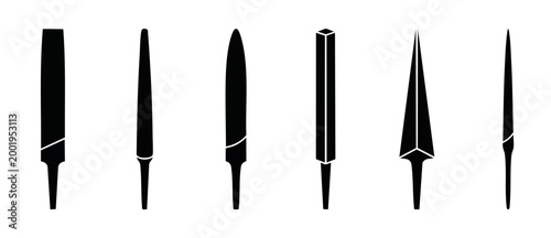 Metal Files Set Collection - Industrial Hand Tools Icon Shapes for Craftsmanship, Woodworking, and Metalwork Projects, Isolated Black Silhouettes on White Background for Professional Workshop Design