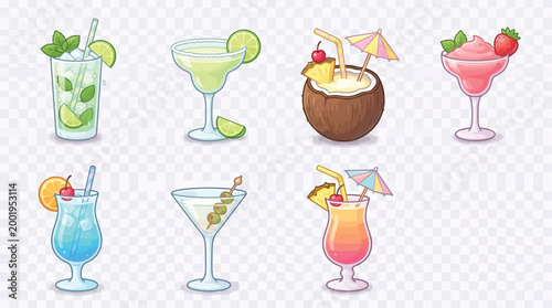 A vibrant collection of eight distinct tropical cocktails, each uniquely garnished and presented in elegant glassware, evoking a sense of summer refreshment and celebration.