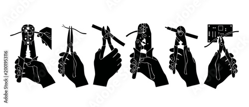 Electrical Pliers Tools Set Showing Hand Holding Wire Strippers and Cutters for Cable Repair and Electronic Installation Tasks, Black Silhouette Icons Isolated on White Background for Technical Manual
