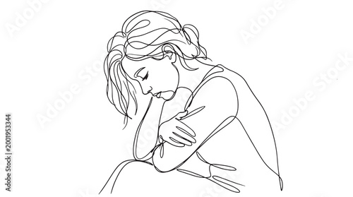 Solitary young woman in profile, head resting on arms, conveying contemplation and introspective mood