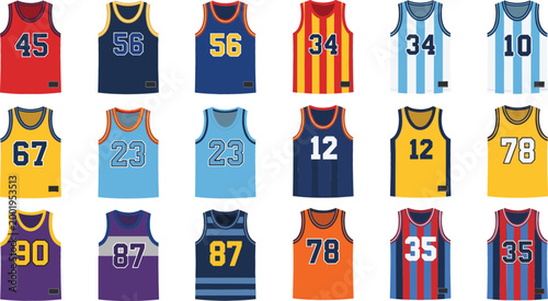 Basketball jersey collection with different colors numbers and styles sports uniform set isolated on white background professional vector illustration bundle