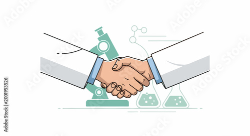 Two scientists in lab coats shake hands amid laboratory equipment