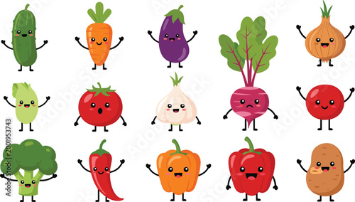 Cute cartoon vegetable characters collection with smiling faces including carrot tomato pepper broccoli onion and more isolated vector illustration set