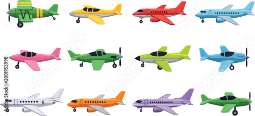 Colorful collection of cartoon airplanes and propeller aircraft in various styles isolated on white background aviation transport vector illustration set