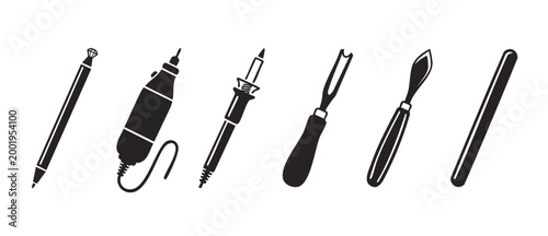 Hand tools set icons for craft, repair, and diy projects. Engraving, carving, soldering, and rotary tool silhouettes on white background for workshop, hobbyist, and construction industry design elemen