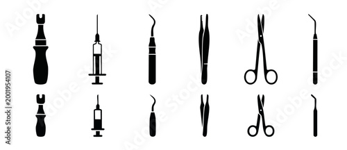 Medical dental surgical instrument icons set, clinical procedure tools including syringe, scalpel, tweezers and scissors in minimalist black vector silhouette style for healthcare and dentist design.