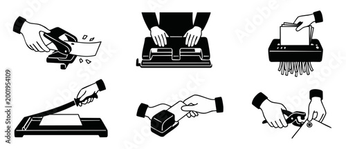 Office Stationery Tools Icon Set, Paper Puncher Shredder Stapler and Guillotine Cutter, Hand Operations Vector Illustrations, Professional Document Processing Equipment for Administrative Tasks and De