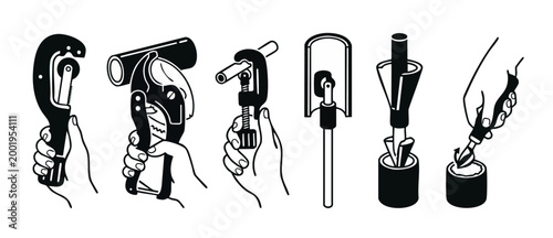 Pipe Cutting Tools and Plumbing Equipment Icon Set, Hand Holding Industrial Pipe Cutters, PVC Cutter, Reamer and Deburring Tools for Professional Plumbing Maintenance, Minimalist Black and White Vecto