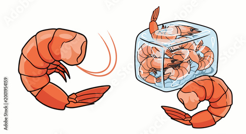 Two shrimp groups one frozen in ice, another outside